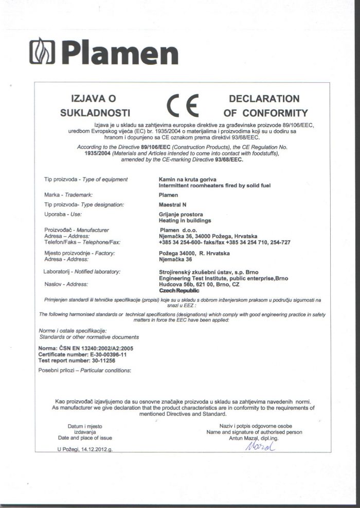 Чугунена Камина Plamen Maestral N 9kW - Декларация за съответствие