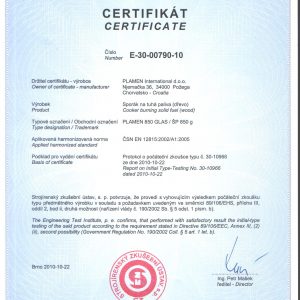 Сертификат Готварска печка Plamen 850 Glas 11kW