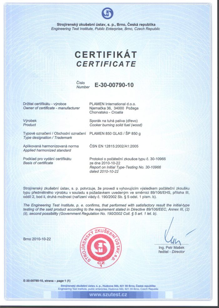 Сертификат Готварска печка Plamen 850 Glas 11kW