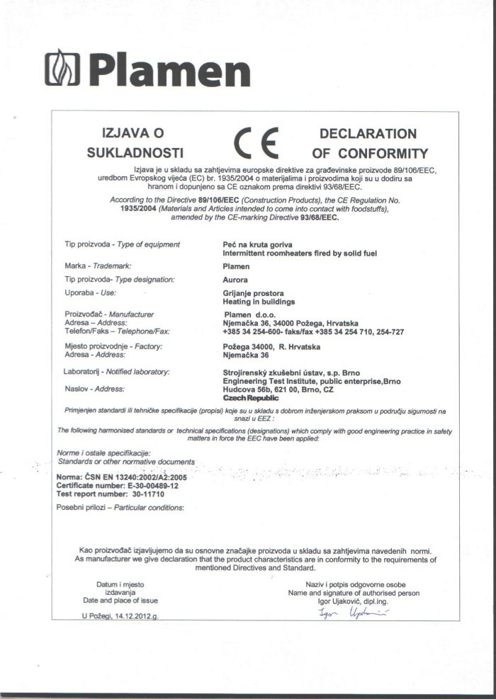 Декларация за съответствие Чугунена печка Plamen Aurora 11kW