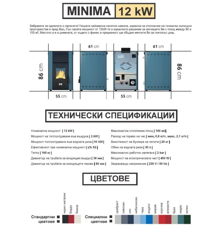 Технически Характеристики на Пелетна камина с водна риза EcoSpar Minima 12 kw